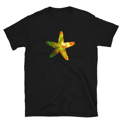 Colourful gold, orange, yellow and green abstract patterned starfish graphic on this black cotton t-shirt by BillingtonPix