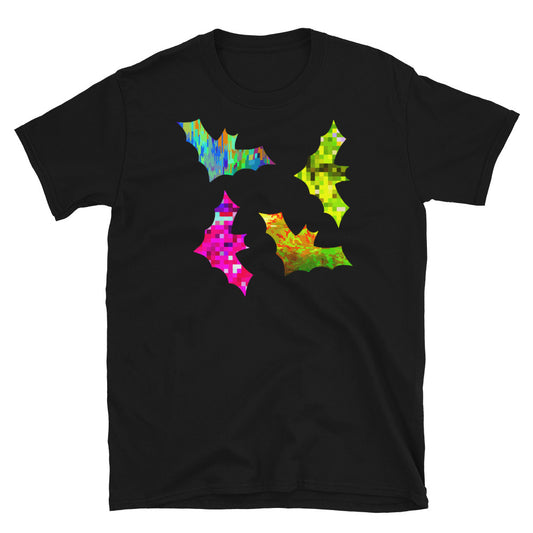 Four colourful abstract patterned bat cutouts in tones of blue, turquoise, pink, orange, yellow and lime green on this black cotton t-shirt by BillingtonPix