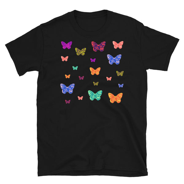 Multicoloured rainbow floral patterned butterflies on this cute black cotton t-shirt by BillingtonPix