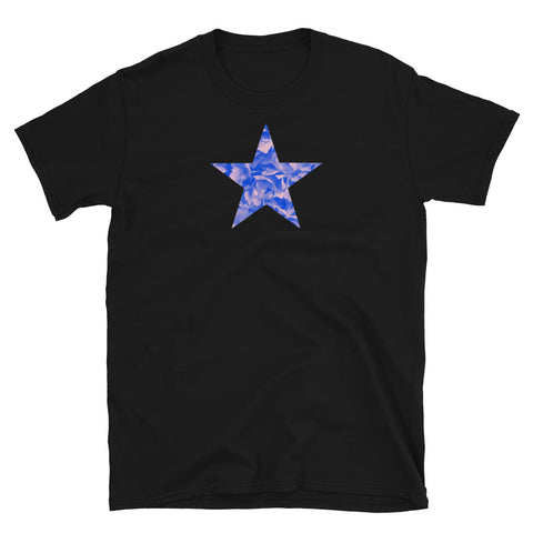 Blue floral star cutout with pink tones on this cotton black t-shirt