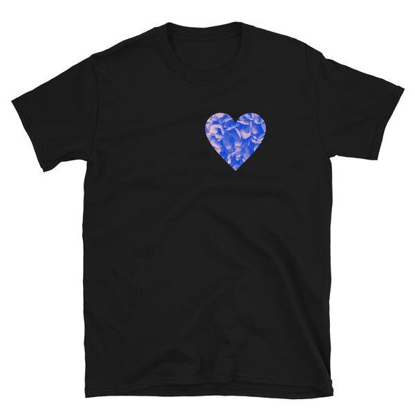 Blue floral patterned blue heart with tones of pink positioned in the heart position on this black cotton-t-shirt