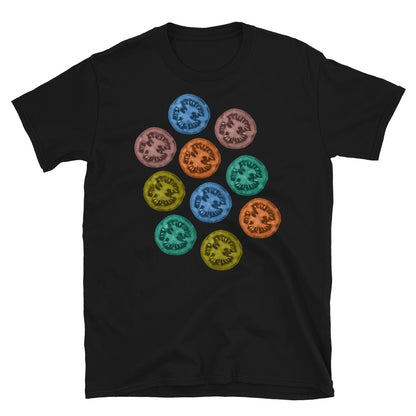 Multicoloured tomato slices in red, blue, purple, yellow and green on this black cotton t-shirt by BillingtonPix