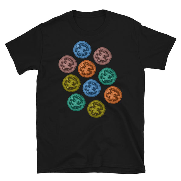 Multicoloured tomato slices in red, blue, purple, yellow and green on this black cotton t-shirt by BillingtonPix