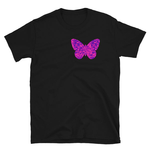 Single pink floral butterfly cut out on the left hand side of this black cotton t-shirt