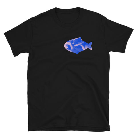 Cut out fish graphic containing a closeup blue floral pattern on this black cotton t-shirt by BillingtonPix 