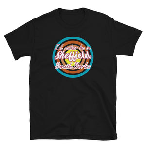 Sheffield South Yorkshire urban city vintage style graphic in turquoise, orange, pink and yellow concentric circles with the slogan I'd rather be in Sheffield South Yorks across the front in retro style font on this black cotton t-shirt