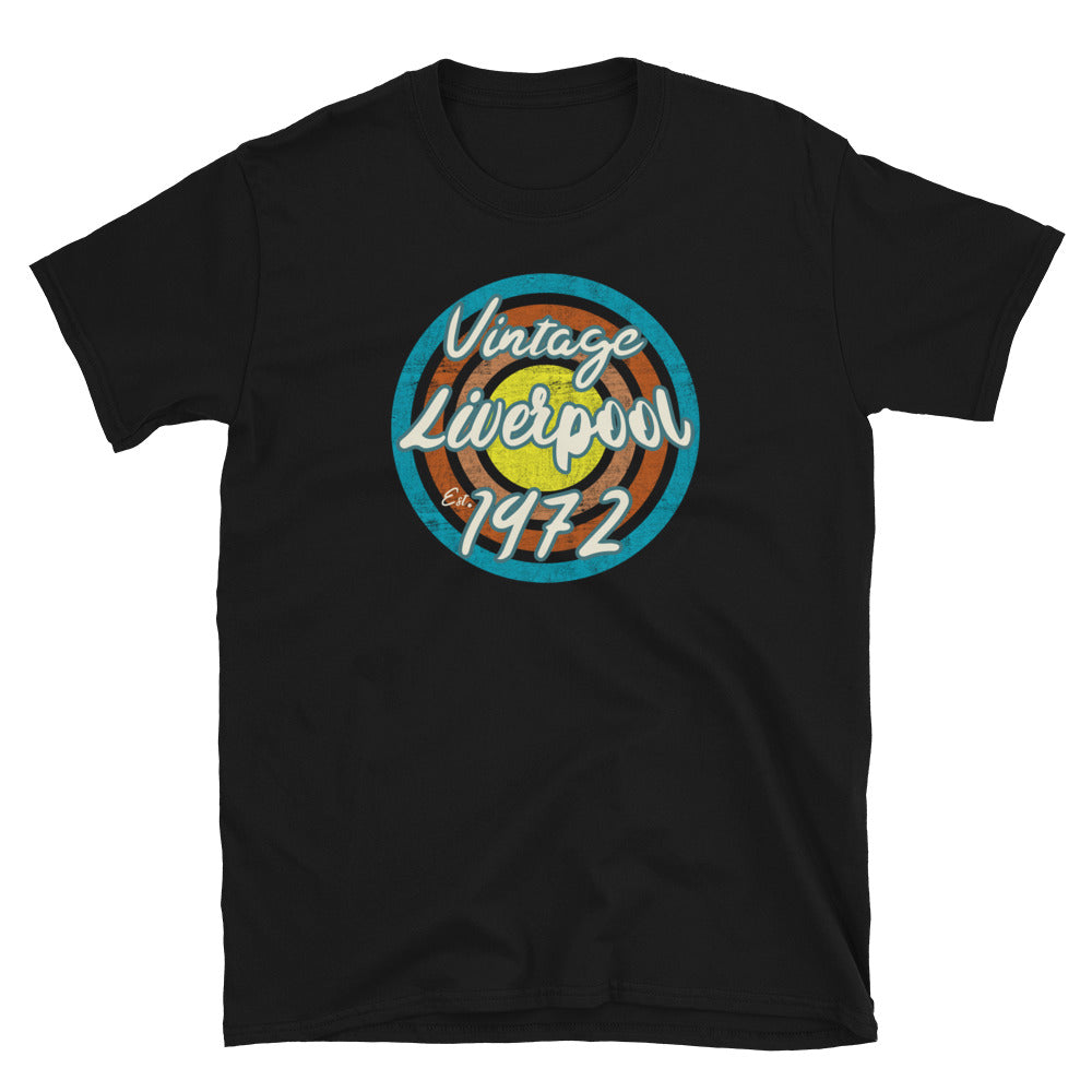 Vintage Liverpool Est. 1972 retro vintage grunge style design in turquoise, orange, pink and yellow tones for birthday gift ideas on this black cotton t-shirt