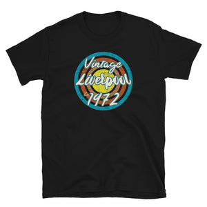 Vintage Liverpool Est. 1972 retro vintage grunge style design in turquoise, orange, pink and yellow tones for birthday gift ideas on this black cotton t-shirt