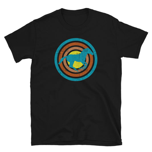 Turquoise galloping horse silhouette within retro vintage style concentric circles in turquoise, orange, pink and yellow on this black cotton t-shirt