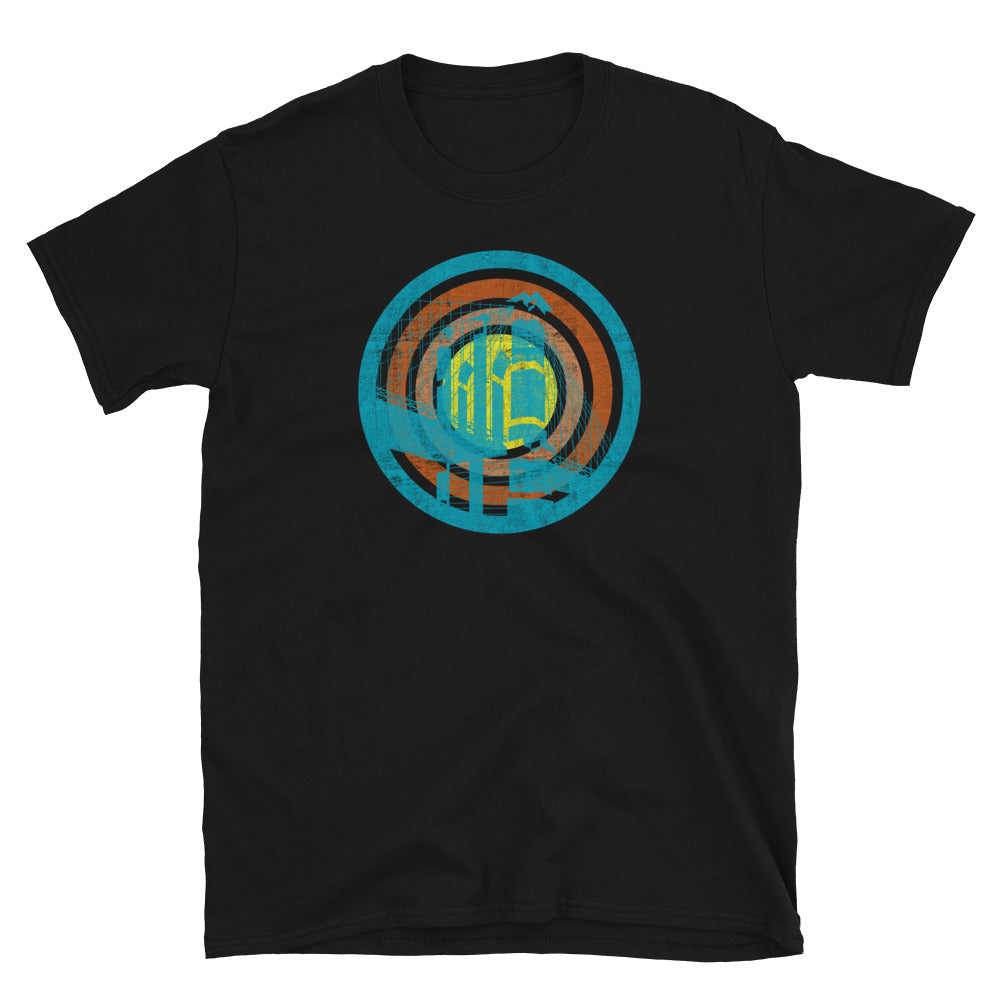 Brooklyn Bridge NY in abstract turquoise design within retro vintage style concentric circles in turquoise, orange, pink and yellow on this black cotton graphic t-shirt