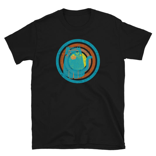 Funny cat in abstract turquoise silhouette graphic within retro vintage style concentric circles in turquoise, orange, pink and yellow on this black cotton graphic t-shirt