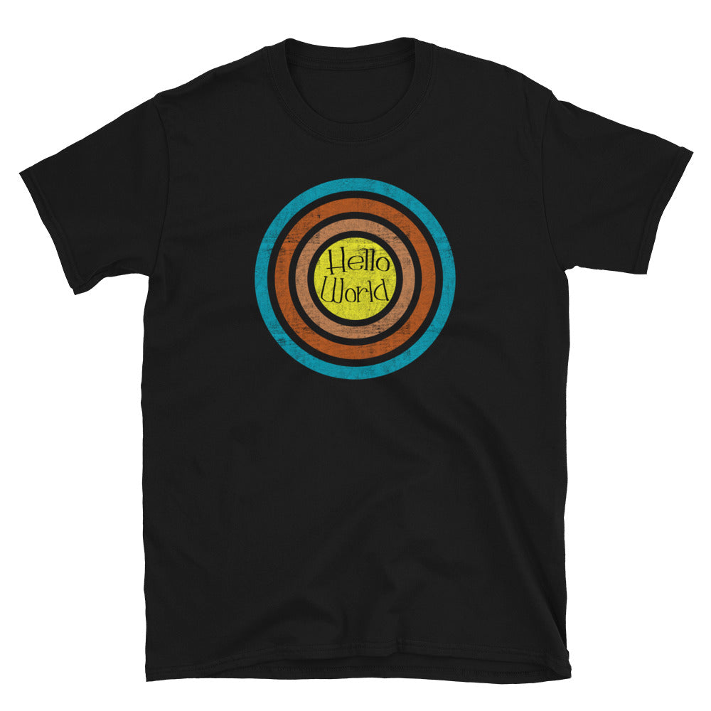 Hello World graphic slogan within retro vintage style concentric circles in turquoise, orange, pink and yellow on this black cotton graphic t-shirt