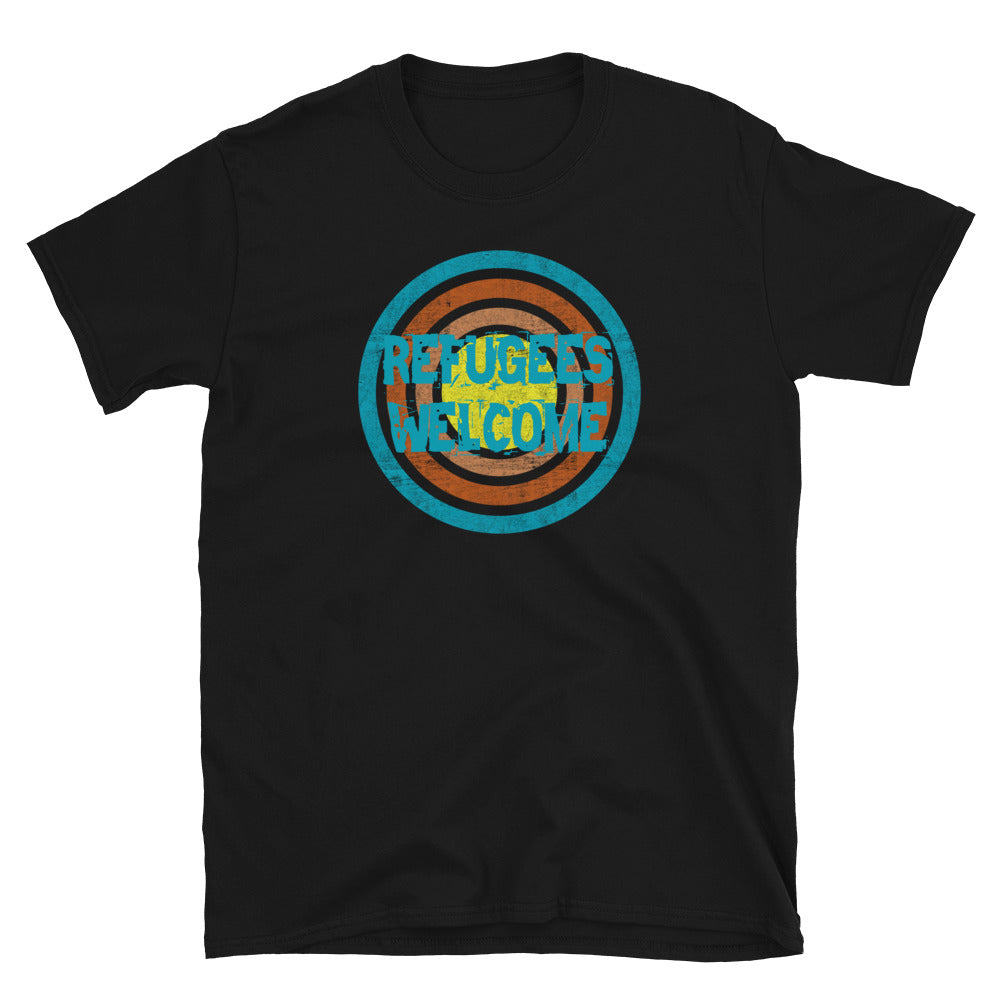 Refugees Welcome slogan in turquoise retro font within retro vintage style concentric circles in turquoise, orange, pink and yellow on this black cotton graphic t-shirt