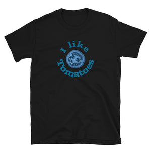 Blue tomato with funny the slogan I like tomatoes  on this black cotton graphic t-shirt