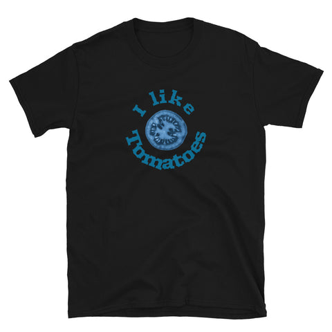 Blue tomato with funny the slogan I like tomatoes  on this black cotton graphic t-shirt