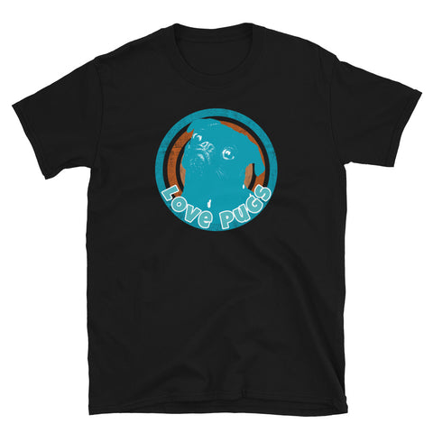 Cute and funny pug in turquoise graphic within retro vintage style concentric circles in turquoise, orange, pink and yellow on this black cotton graphic t-shirt