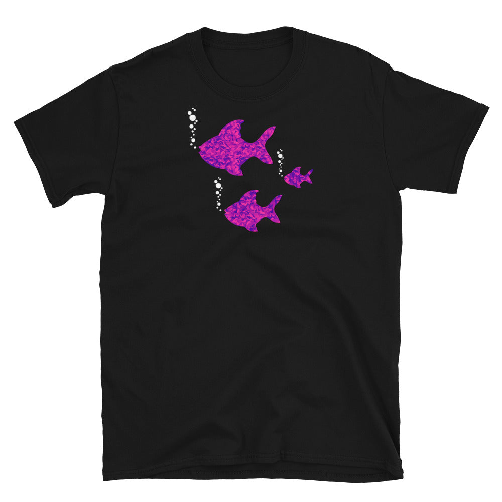 Group of 3 pink patterned fish on this black cotton t-shirt by BillingtonPix