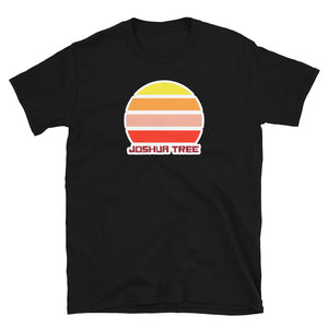 Joshua Tree California vintage sunset graphic t-shirt with a striped sun in yellow, orange, pink and scarlet and the name Joshua Tree underneath on this black t-shirt
