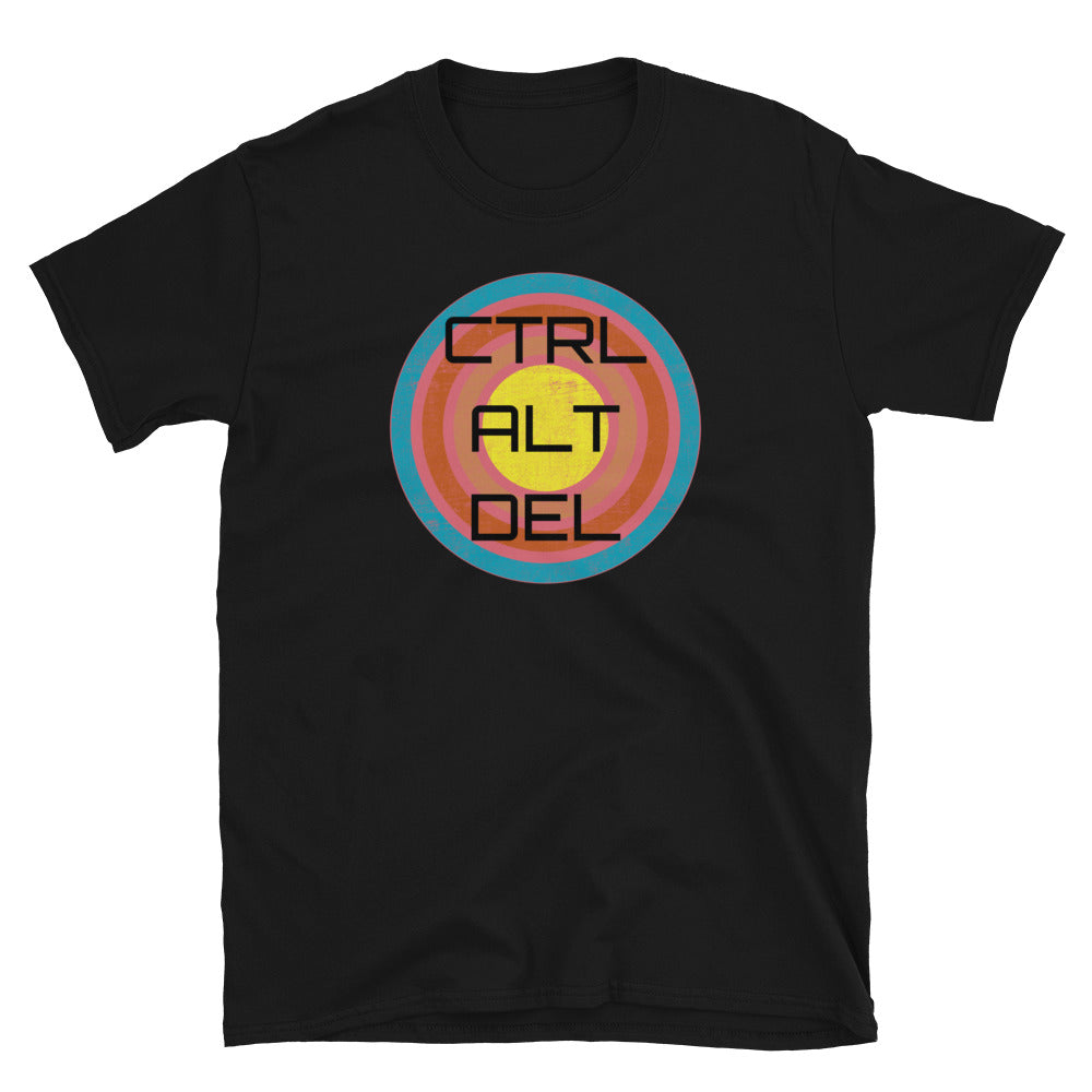 Meme computer phrase CTRL ALT DEL on a concentric retro vintage style graphic on this black cotton t-shirt