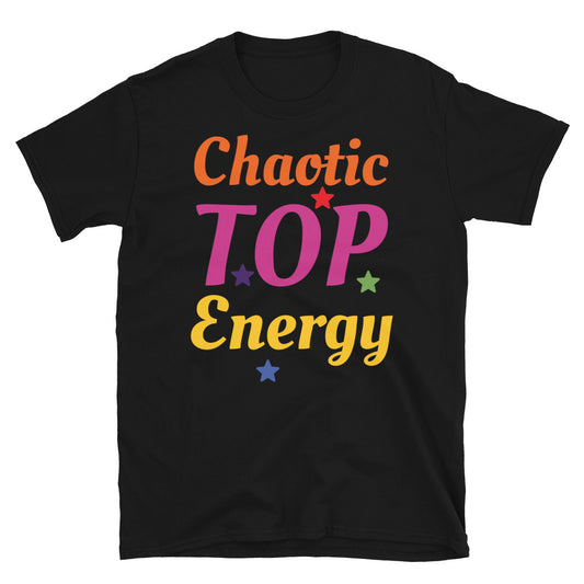 LGBT t-shirt with the slogan meme Chaotic Top Energy and stars all in the colours of the gay rainbow flag on this black cotton tee