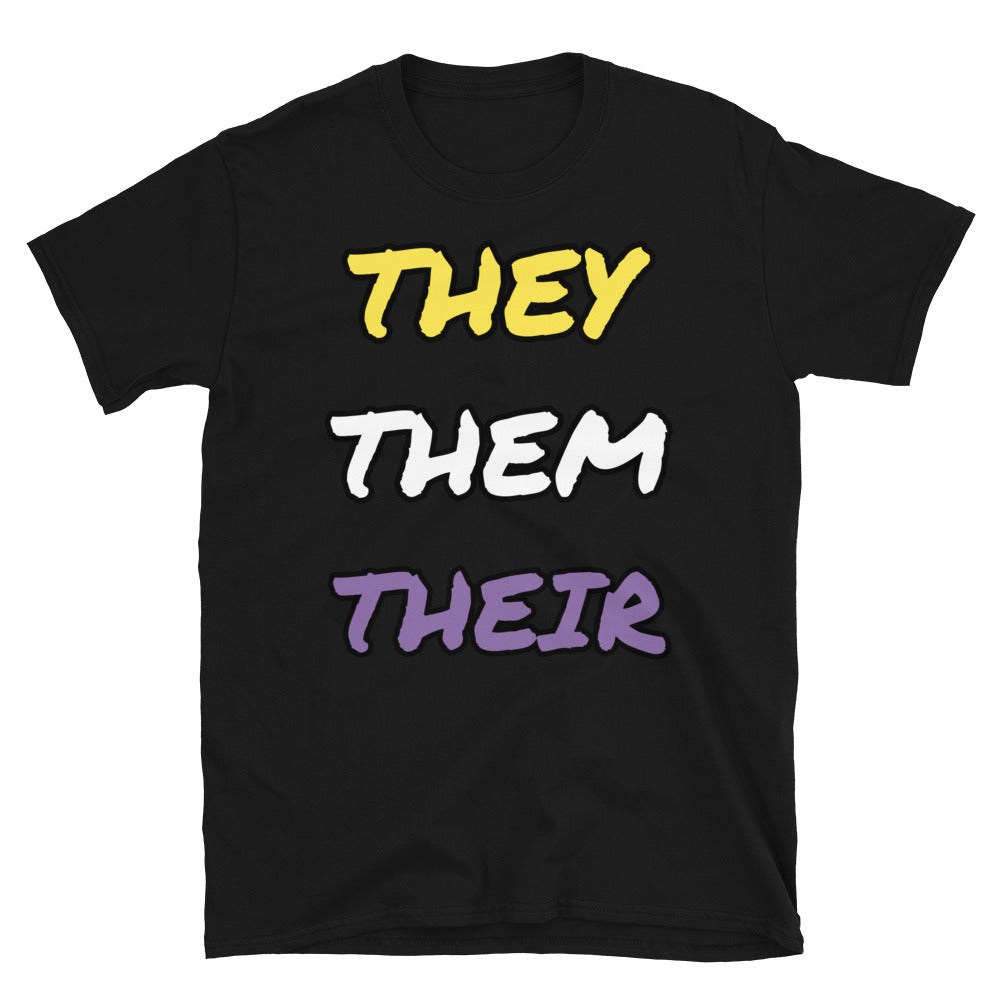 They They Their Non-binary slogan t-shirt in non binary colour scheme on this black cotton LGBT t-shirt