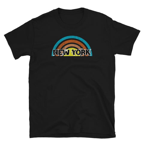 Concentric circle distressed style design containing the words New York on this black cotton graphic t-shirt