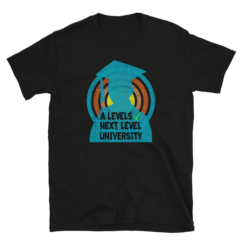 A Levels Sorted Next Level University gamer funny slogan graphic tee with distressed style turquoise mortar board silhouette person in front of a concentric circular design on this black cotton t-shirt by BillingtonPix
