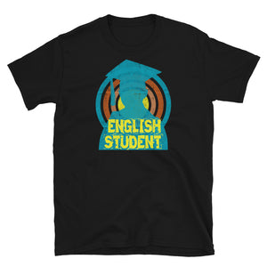 English Student novelty tee with a distressed style turquoise silhouetted student against a concentric circular design and the words English Student in bold yellow font on this black cotton fun graphic t-shirt by BillingtonPix