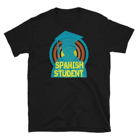Spanish Student novelty tee with a distressed style turquoise silhouetted student against a concentric circular design and the words Spanish Student in bold yellow font on this black cotton fun graphic t-shirt by BillingtonPix