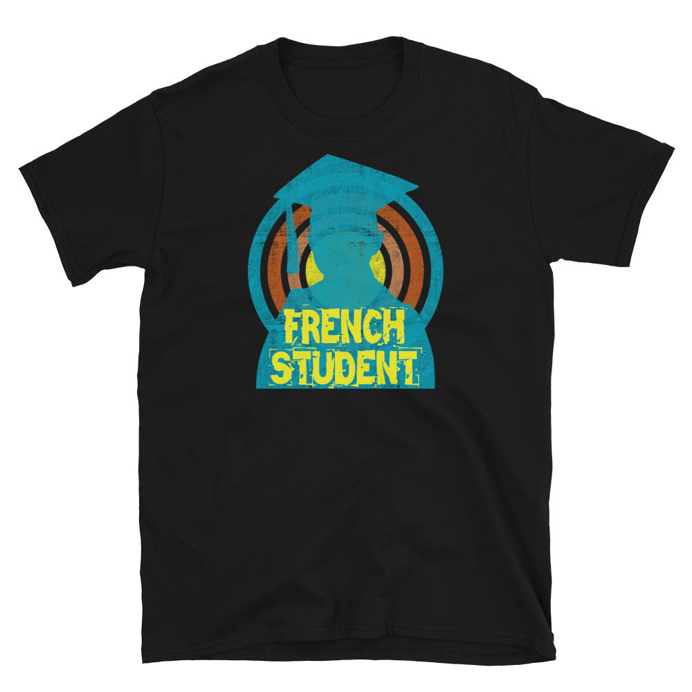 French Student novelty tee with a distressed style turquoise silhouetted student against a concentric circular design and the words French Student in bold yellow font on this black cotton fun graphic t-shirt by BillingtonPix