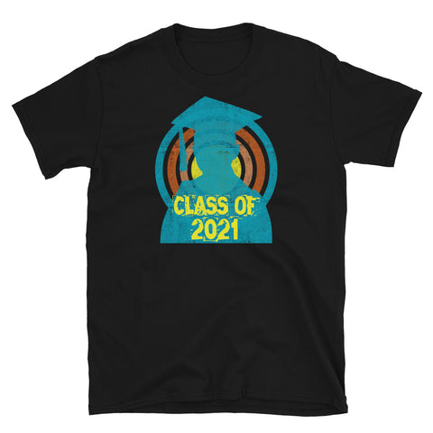 Class of 2021 novelty tee with a distressed style turquoise silhouetted student against a concentric circular design and the words Class of 2021 in bold yellow font on this black cotton fun graphic t-shirt by BillingtonPix