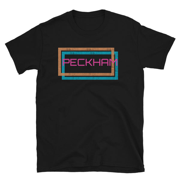 Peckham London neighbourhood in an offset double frame design of a blue and an orange distressed style framing on this black cotton t-shirt by BillingtonPix