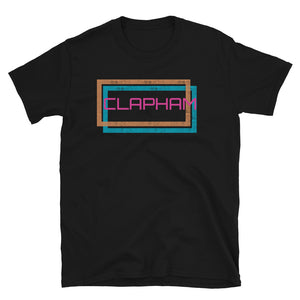 Retro futuristic disco style Clapham London neighbourhood in an offset double frame design of a blue and an orange distressed style framing on this black cotton t-shirt by BillingtonPix