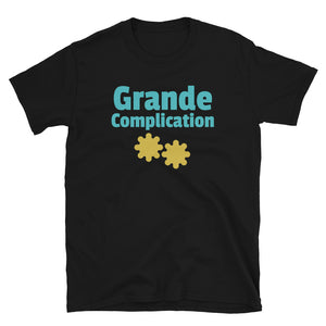 Grande Complication watch geek and watch lovers t-shirt written in bold blue font with orange cog wheels on this black cotton t-shirt by BillingtonPix