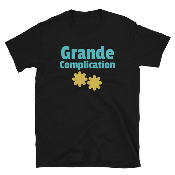 Grande Complication watch geek and watch lovers t-shirt written in bold blue font with orange cog wheels on this black cotton t-shirt by BillingtonPix
