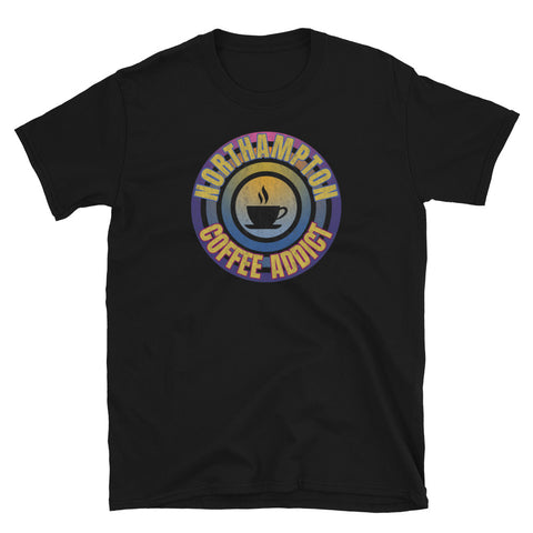 Concentric circular design of retro 80s metallic colours and the slogan Northampton Coffee Addict with a coffee cup silhouette in the centre. Distressed and dirty style image for a vintage Retrowave look on this black cotton t-shirt by BillingtonPix