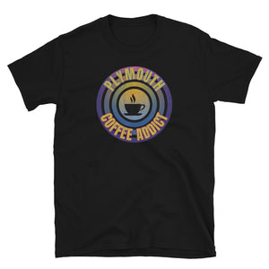 Concentric circular design of retro 80s metallic colours and the slogan Plymouth Coffee Addict with a coffee cup silhouette in the centre. Distressed and dirty style image for a vintage Retrowave look on this black cotton t-shirt by BillingtonPix
