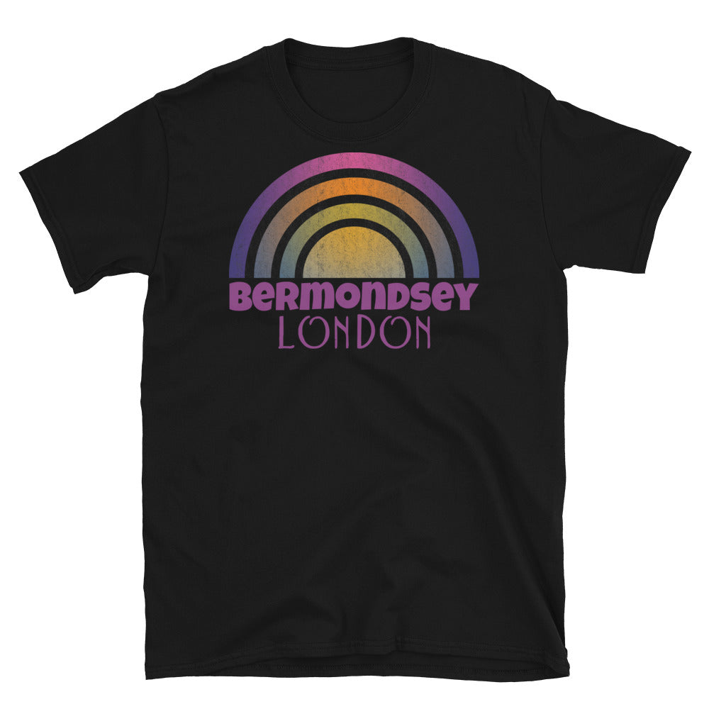 Retrowave 80s style graphic design t shirt depicting the London neighbourhood of Bermondsey on this black cotton t-shirt