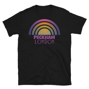 Retrowave 80s style graphic vintage sunset design t shirt depicting the London neighbourhood of Peckham on this black cotton t-shirt