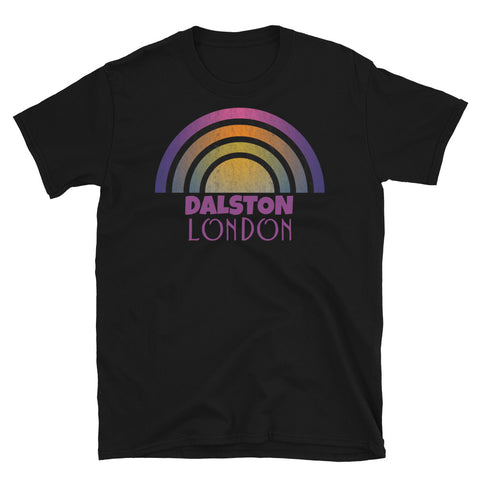 Retrowave 80s style graphic vintage sunset design t shirt depicting the London neighbourhood of Dalston on this black cotton t-shirt