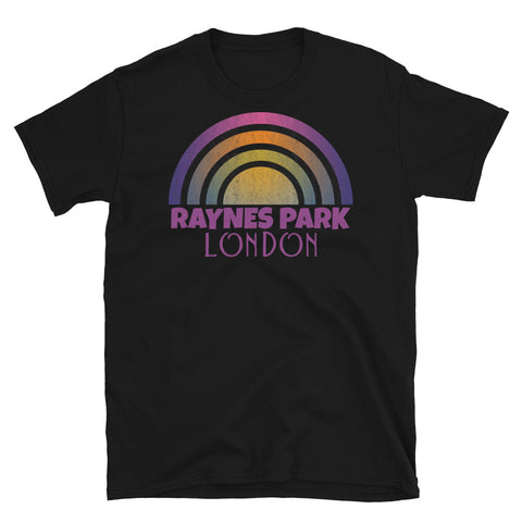 Retrowave 80s style graphic vintage sunset design t shirt depicting the London neighbourhood of Raynes Park on this black cotton t-shirt