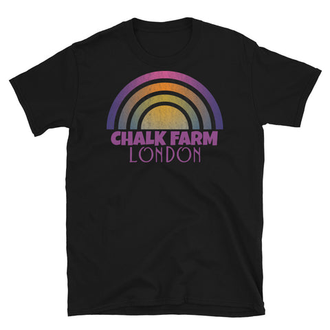 Retrowave 80s style graphic vintage sunset design t shirt depicting the London neighbourhood of Chalk Farm on this black cotton t-shirt