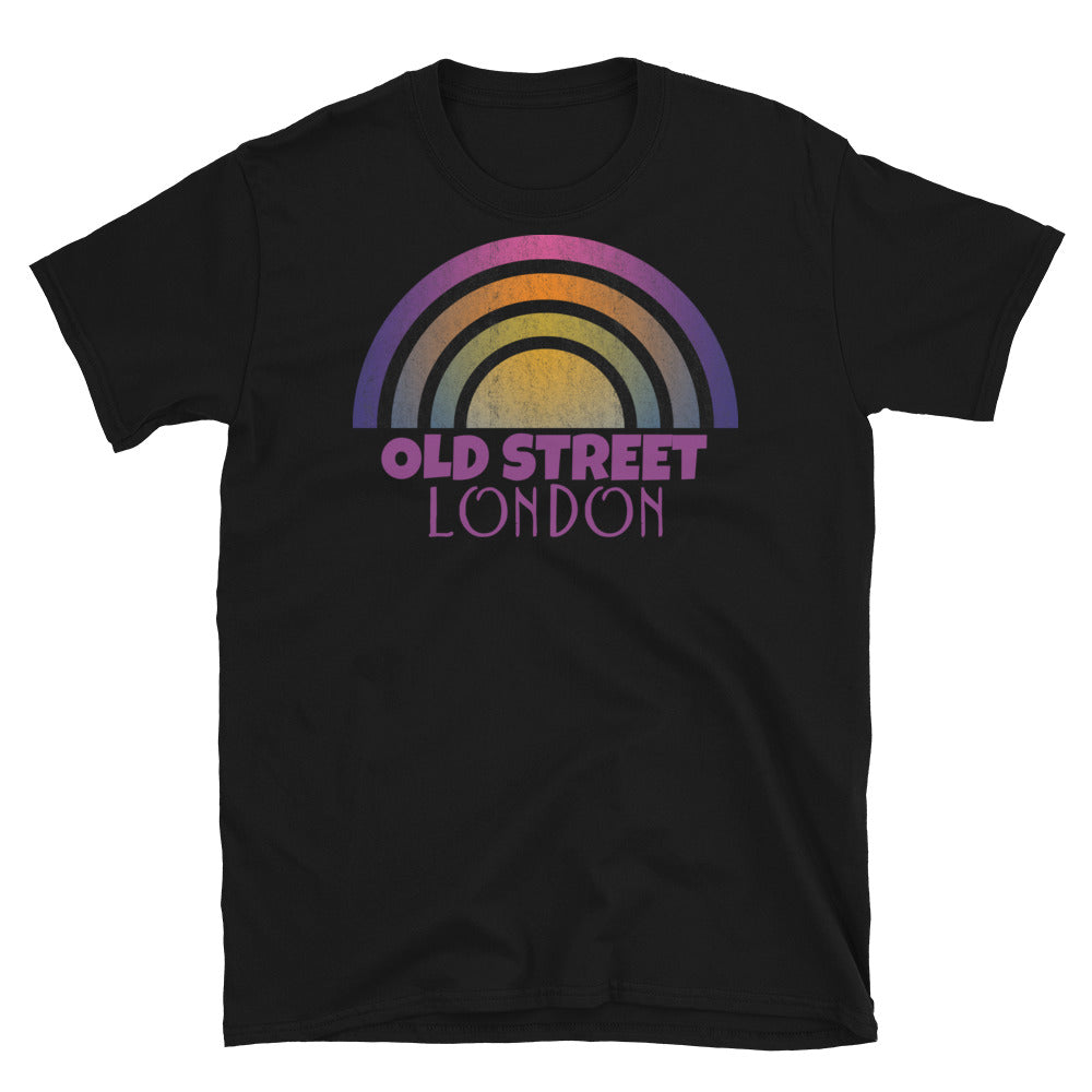 Retrowave 80s style graphic vintage sunset design t shirt depicting the London neighbourhood of Old Street on this black cotton t-shirt