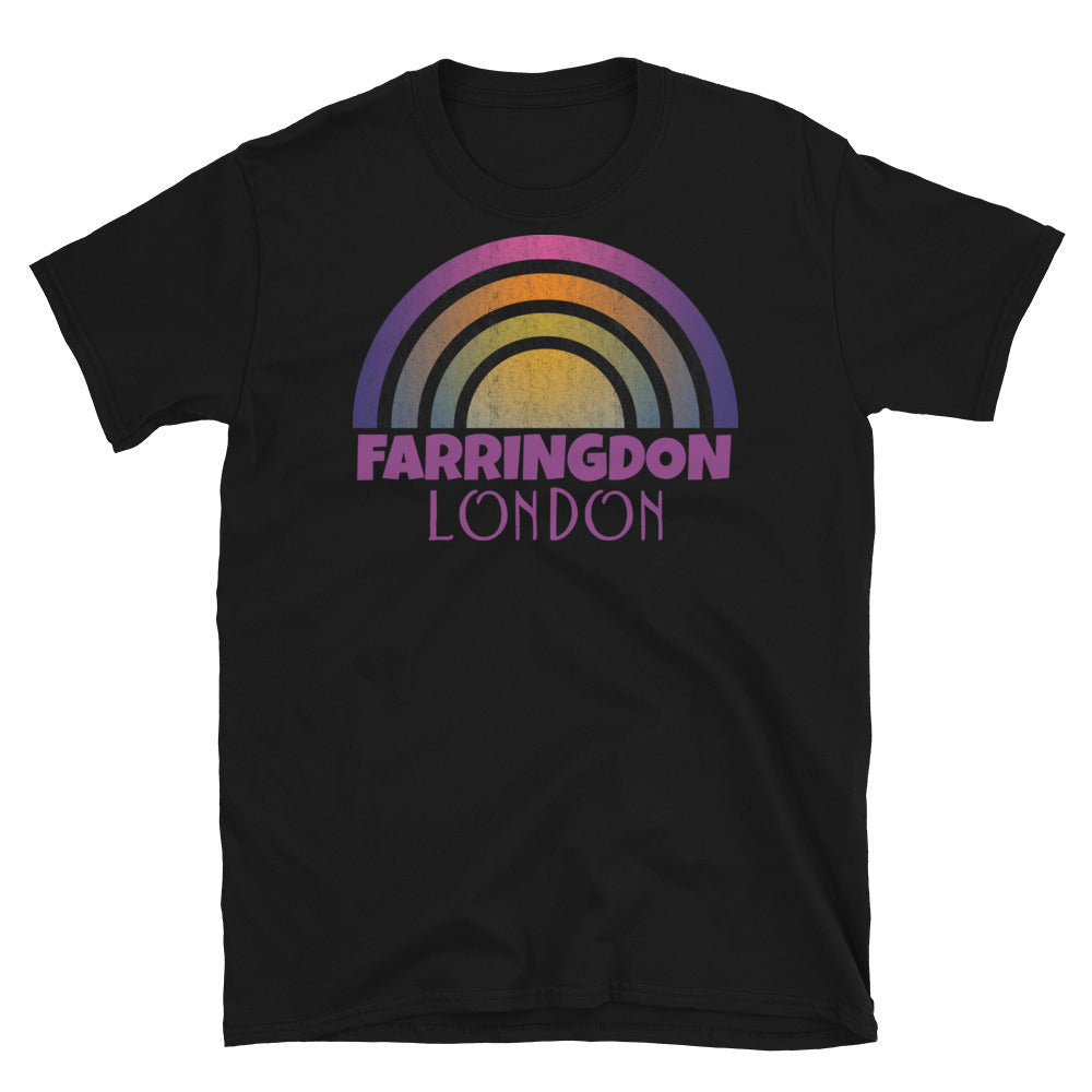 Retrowave 80s style graphic vintage sunset design t shirt depicting the London neighbourhood of Farringdon on this black cotton t-shirt