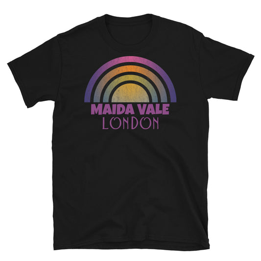 Retrowave 80s style graphic vintage sunset design t shirt depicting the London neighbourhood of Maida Vale on this black cotton t-shirt