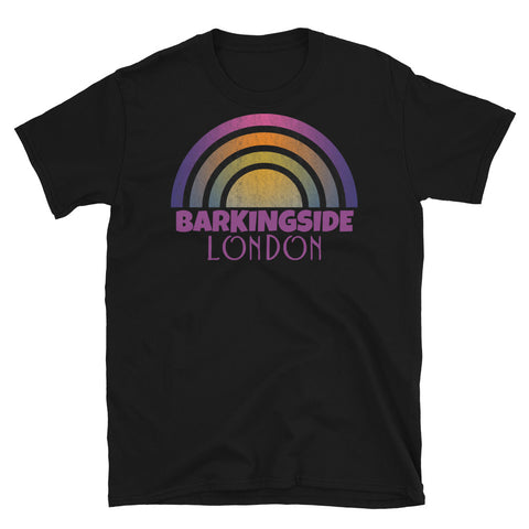 Retrowave 80s style graphic vintage sunset design t shirt depicting the London neighbourhood of Barkingside on this black cotton t-shirt