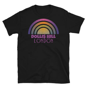 Retrowave 80s style graphic vintage sunset design t shirt depicting the London neighbourhood of Dollis Hill on this black cotton t-shirt