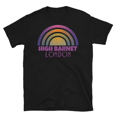Retrowave and Vaporwave 80s style graphic vintage sunset design tee depicting the London neighbourhood of High Barnet on this black cotton t-shirt