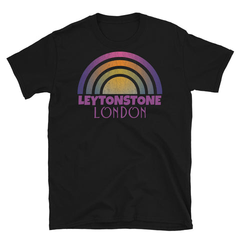 Retrowave and Vaporwave 80s style graphic vintage sunset design tee depicting the London neighbourhood of Leytonstone on this black cotton t-shirt