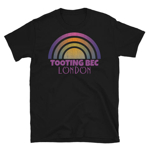 Retrowave and Vaporwave 80s style graphic vintage sunset design tee depicting the London neighbourhood of Tooting Bec on this black cotton t-shirt